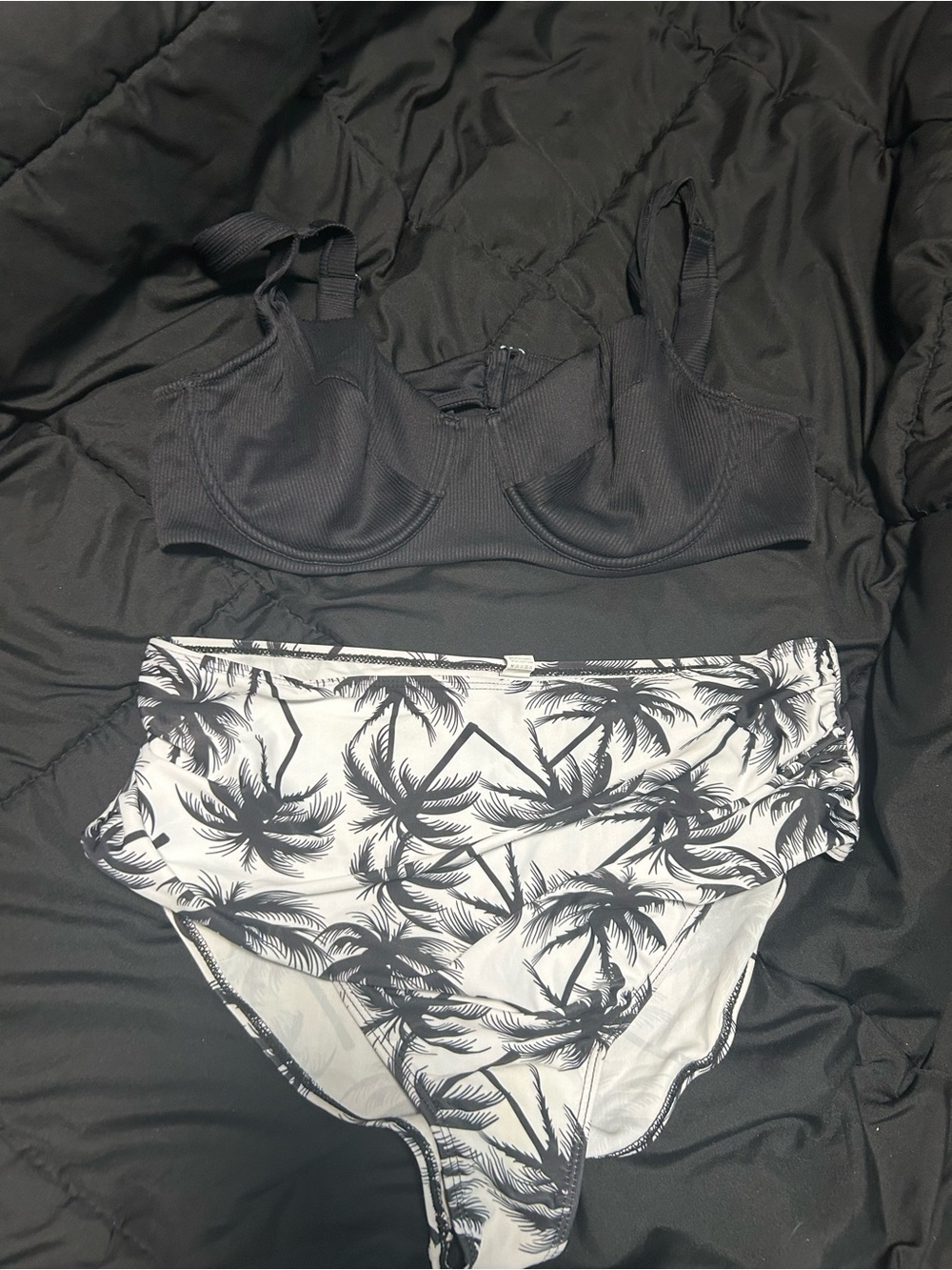 Black Ribbed Bikini Top with Black Palm-Print White Bottom
